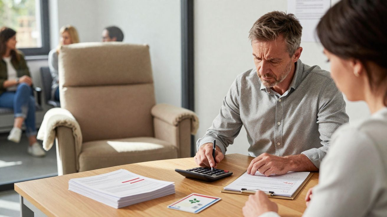 Homem usando calculadora sentado à mesa com documentos, enquanto outra pessoa observa em escritório.