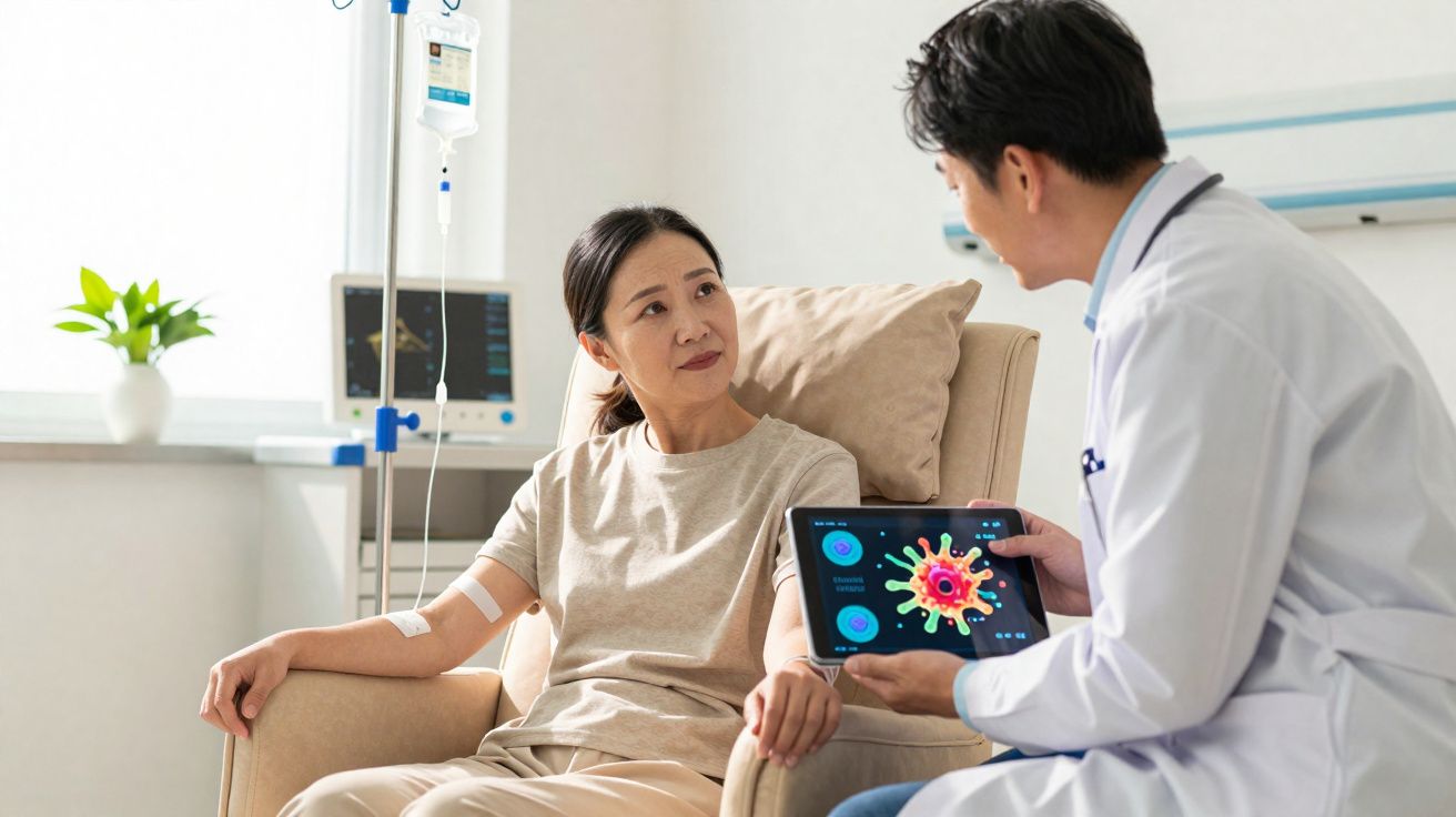 Médico explica tratamento para paciente com infusão intravenosa em ambiente hospitalar.