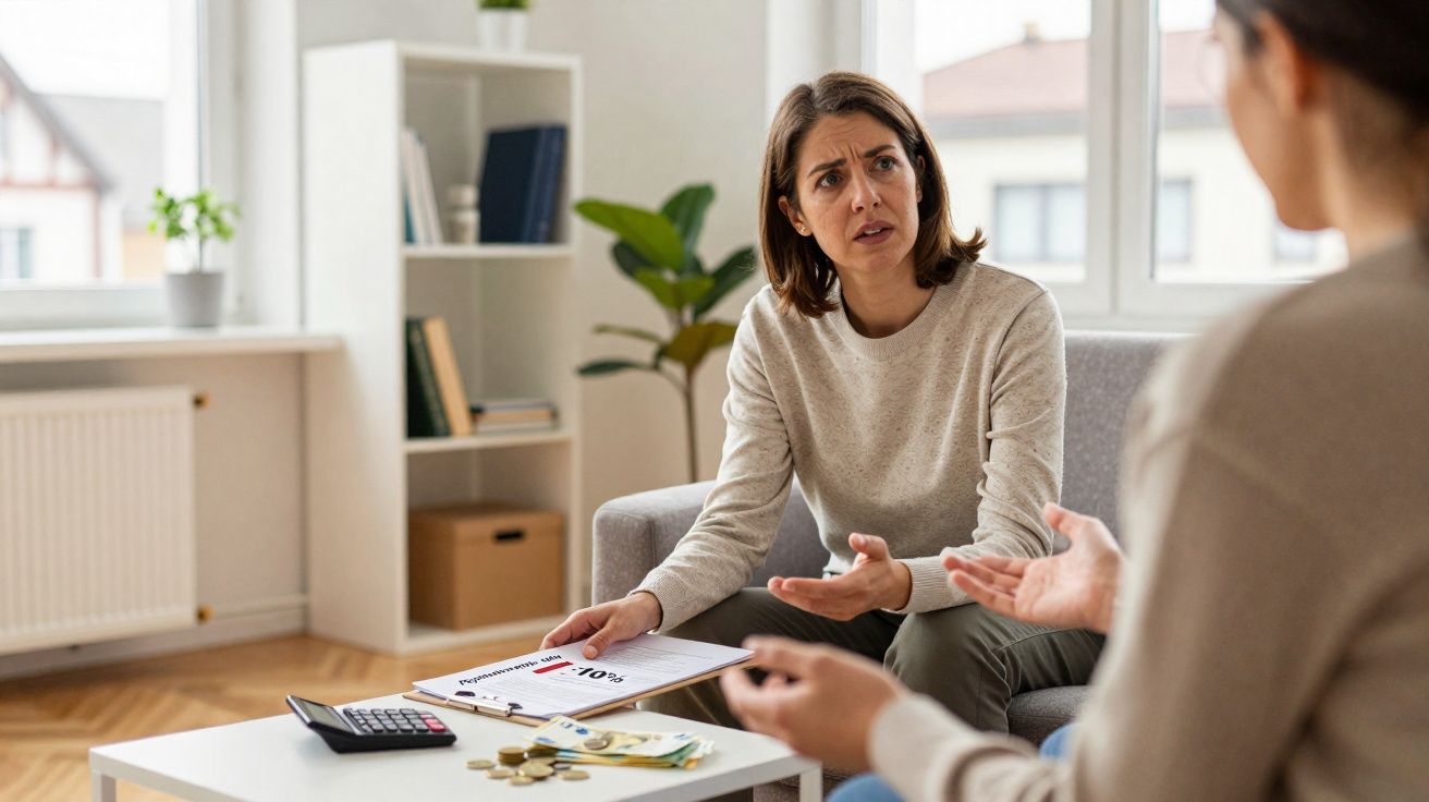 Duas mulheres conversando sobre finanças em uma sala, com gráficos, dinheiro e calculadora na mesa.