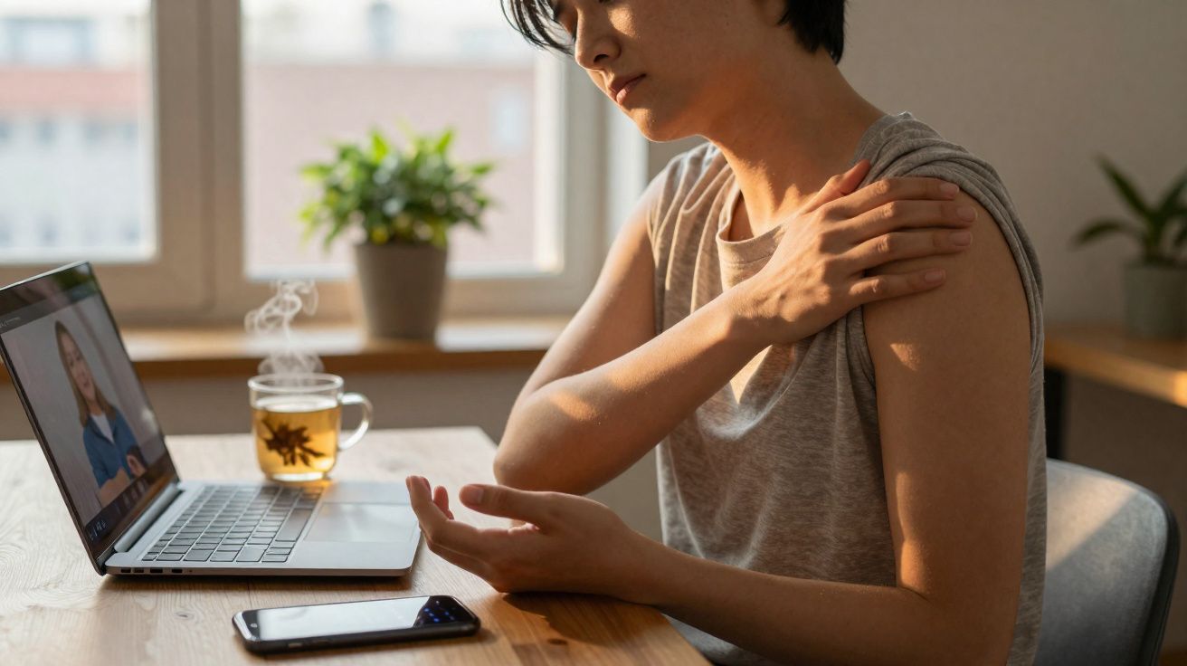 Pessoa vestindo regata, segurando o ombro, sentada à mesa com laptop e celular em vídeo chamada.