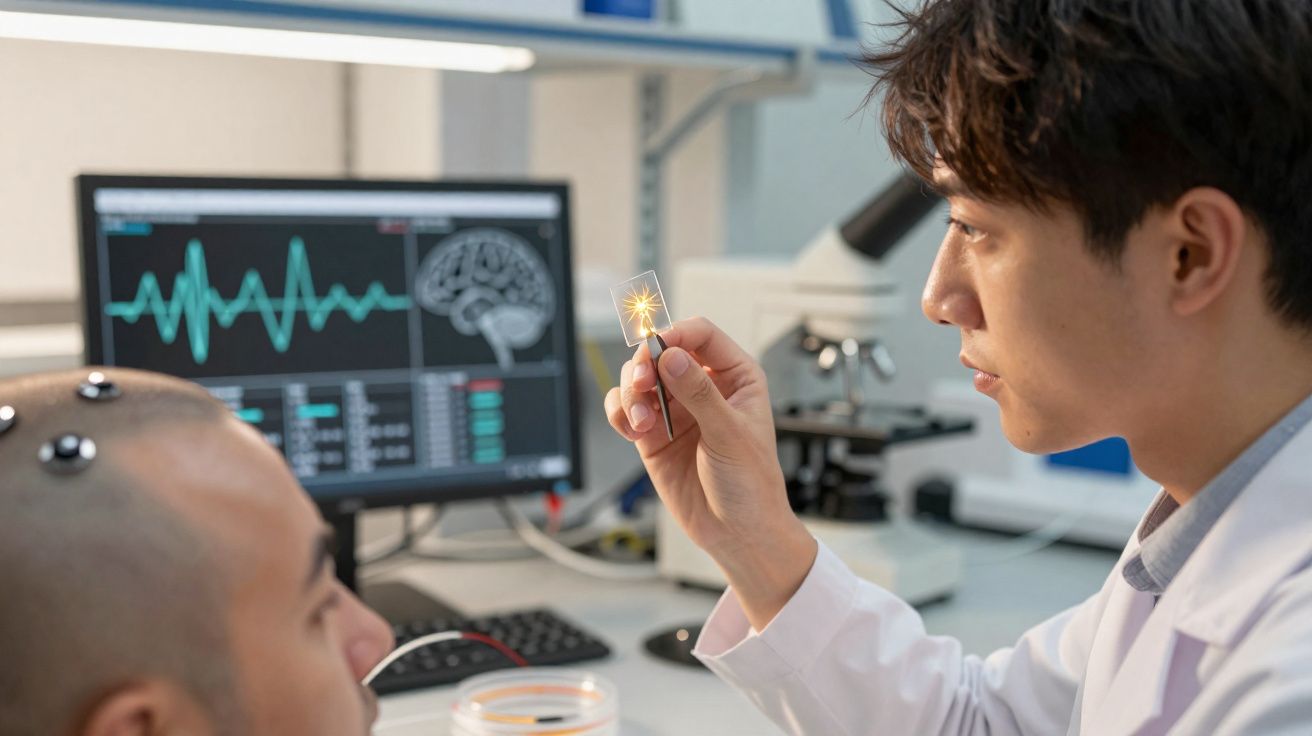 Cientista com jaleco segurando chip em laboratório, paciente com sensores no couro cabeludo e monitor de ondas cerebrais.