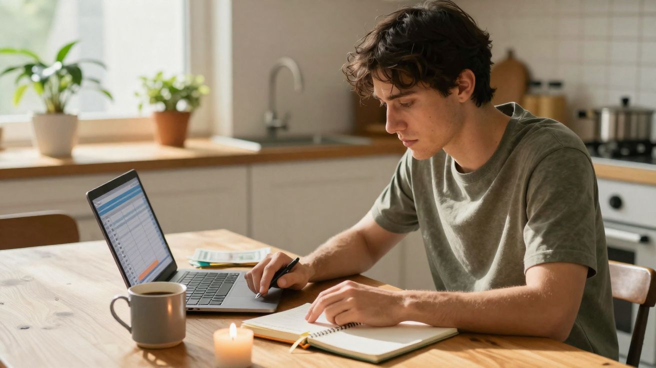 Jovem concentrado escrevendo em caderno, sentado à mesa com laptop aberto em ambiente de cozinha iluminada.