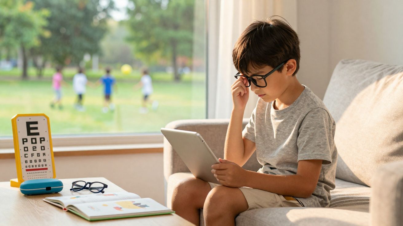 Criança com óculos sentada no sofá lendo em tablet com equipamento de teste de visão ao lado.