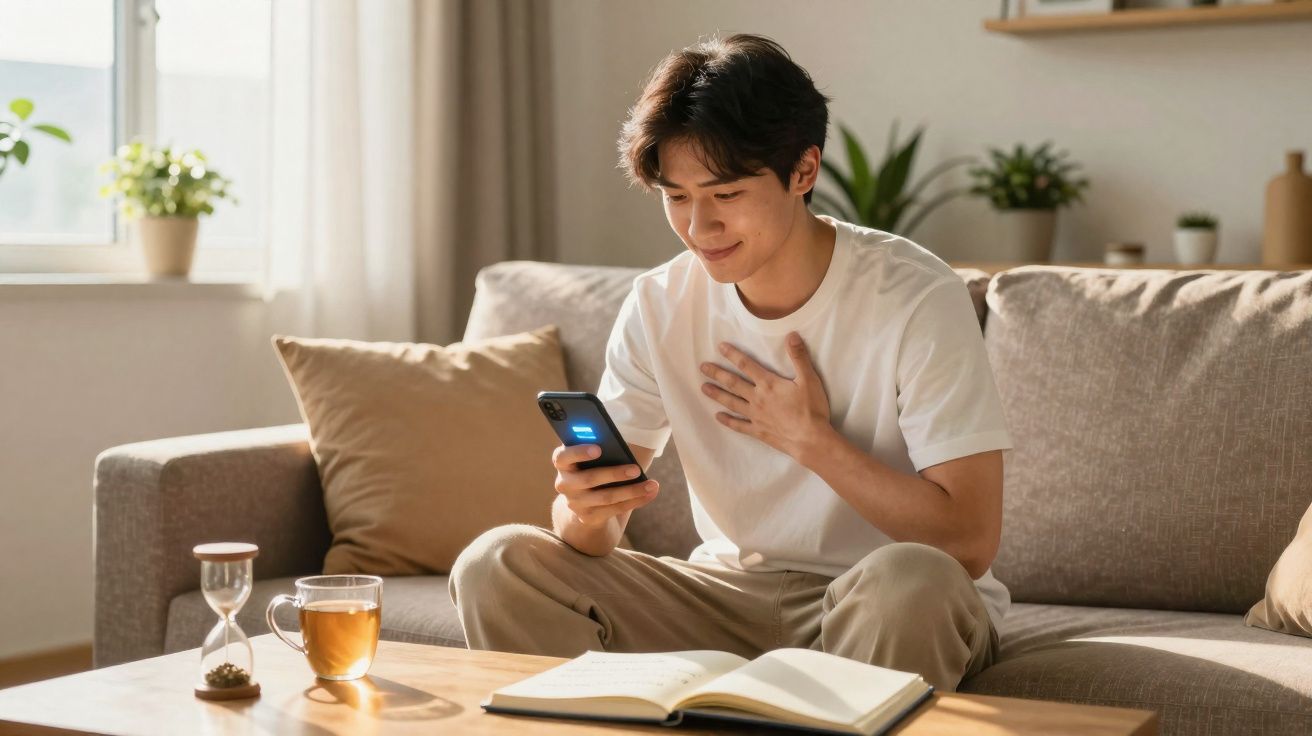 Jovem sentado no sofá segurando smartphone com expressão emocionada, livro e chá na mesa à frente.