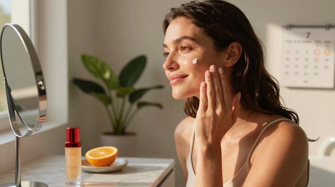 Mulher aplicando creme facial na pele próxima a espelho e plantem em ambiente iluminado natural.