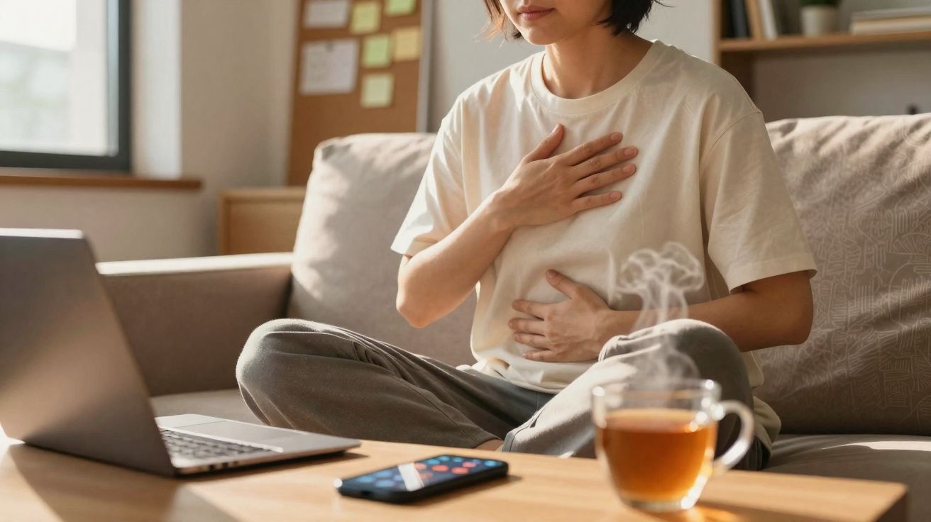 Pessoa sentada no sofá segurando peito e estômago, com laptop e chá na mesa à frente.
