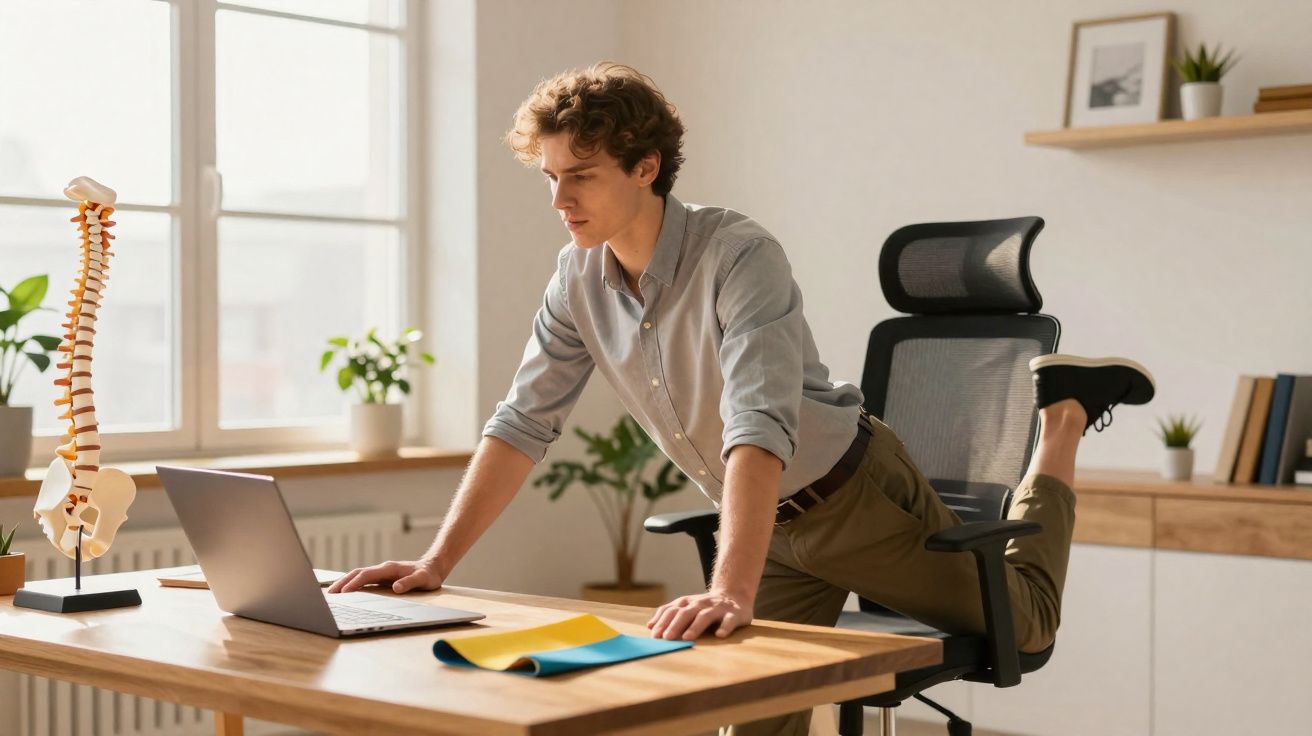 Homem faz alongamento com perna apoiada na cadeira em escritório iluminado e organizado.
