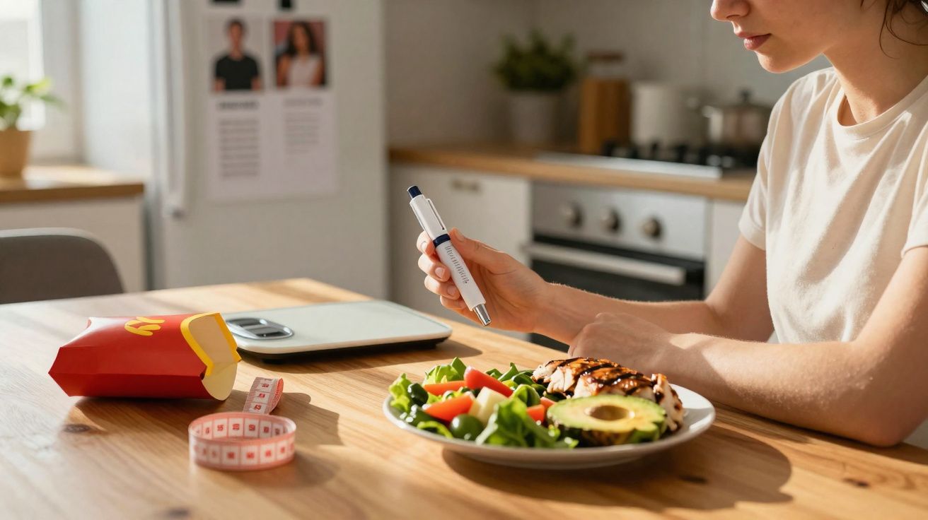 Mulher segurando medidor de glicose perto de prato com salada e frango, fita métrica e batata frita na mesa.