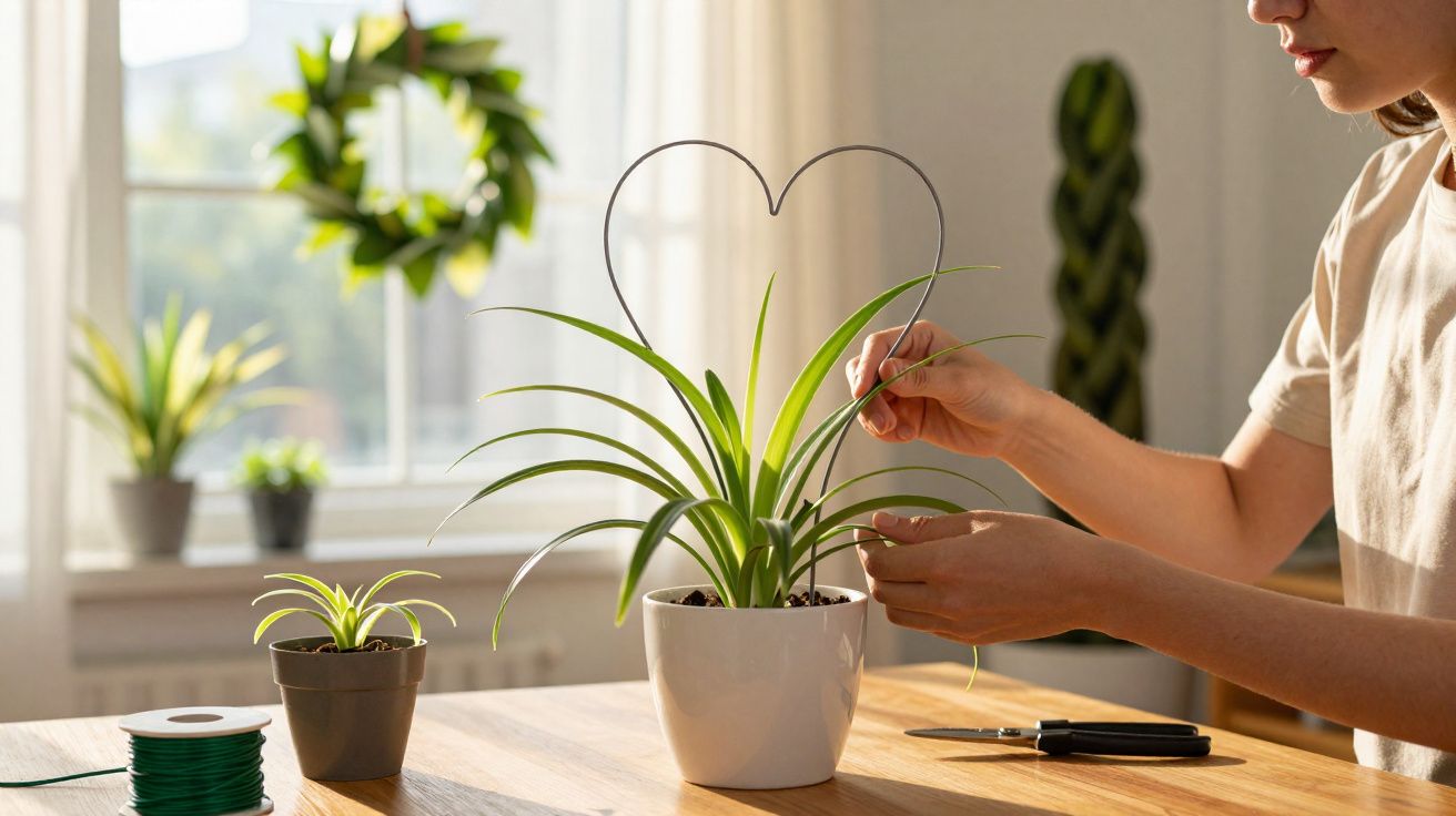 Pessoa cuidando de planta em vaso branco com suporte de coração em ambiente iluminado.