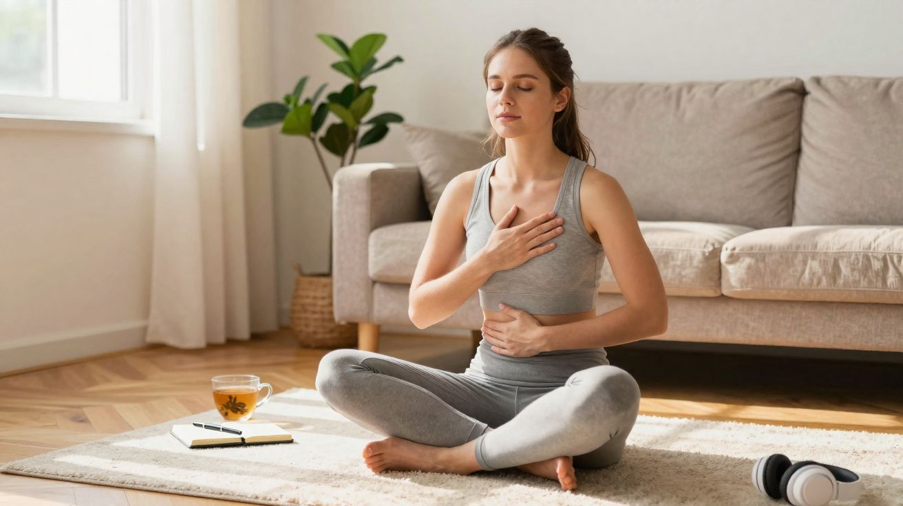 Mulher meditando sentada no tapete da sala com olhos fechados e mãos no peito e abdômen.