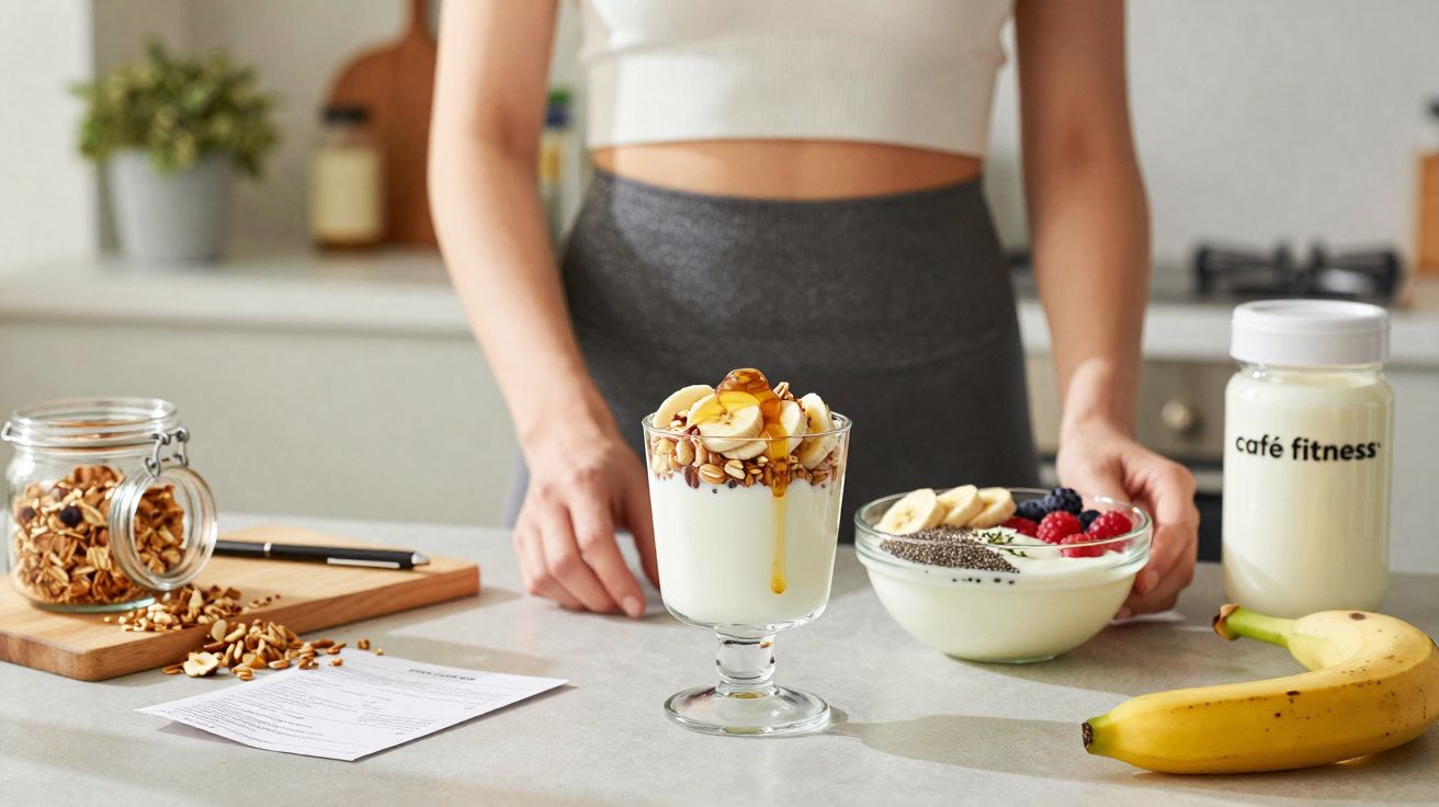 Pessoa preparando café da manhã saudável com iogurte, frutas, granola e bebida fitness na cozinha.