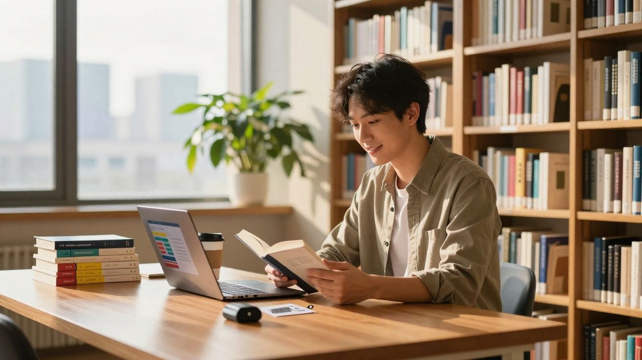Jovem sorridente lendo livro em mesa com notebook, livros e planta, em biblioteca iluminada.