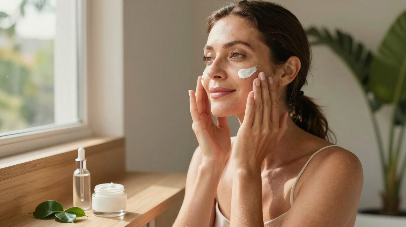 Mulher aplicando creme hidratante no rosto em ambiente iluminado próximo à janela.