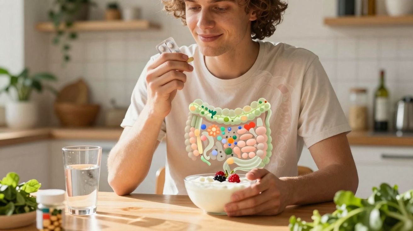 Jovem segurando cápsula e tigela com iogurte, representação gráfica do sistema digestivo sobreposta no peito.