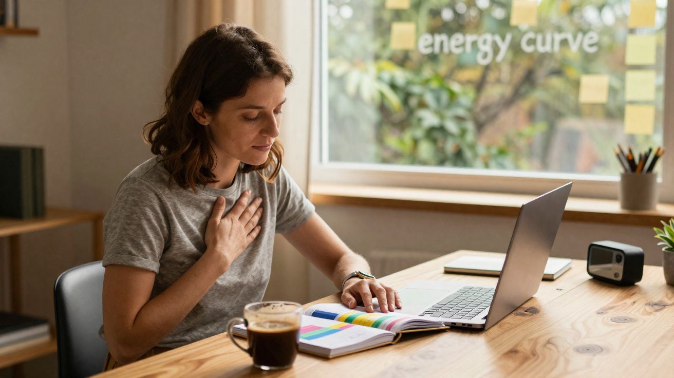 Mulher sentada em mesa com laptop e café, segurando o peito em gesto de desconforto.