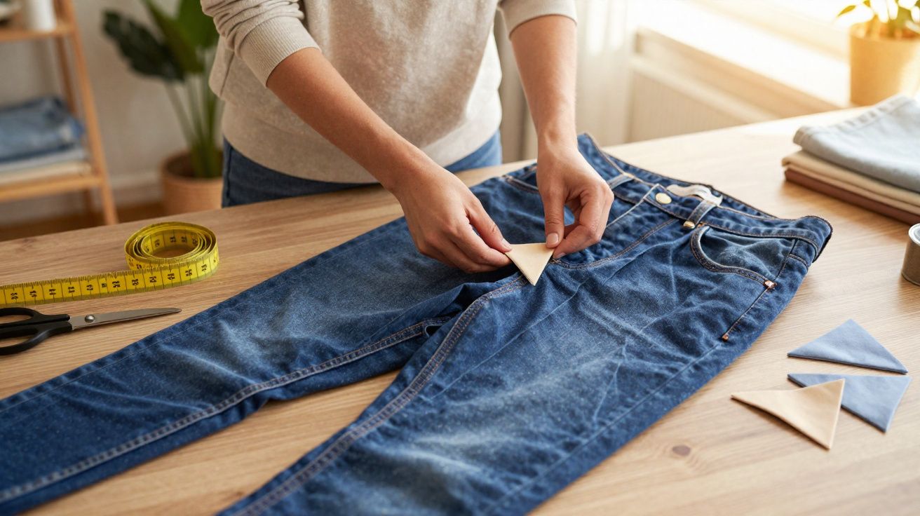 Pessoa aplicando remendo triangular em calça jeans azul sobre mesa de madeira com fita métrica ao lado.