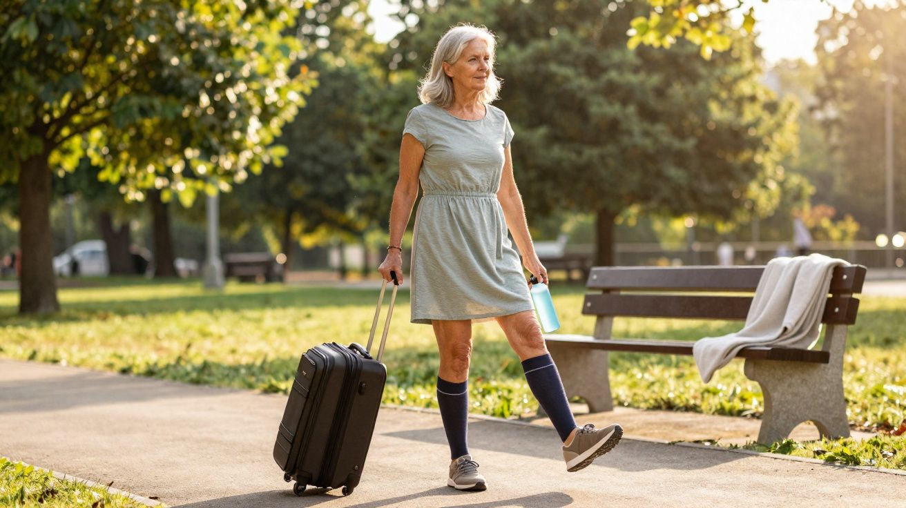 Mulher idosa caminhando em parque ensolarado com mala de rodinhas e garrafa d'água nas mãos.