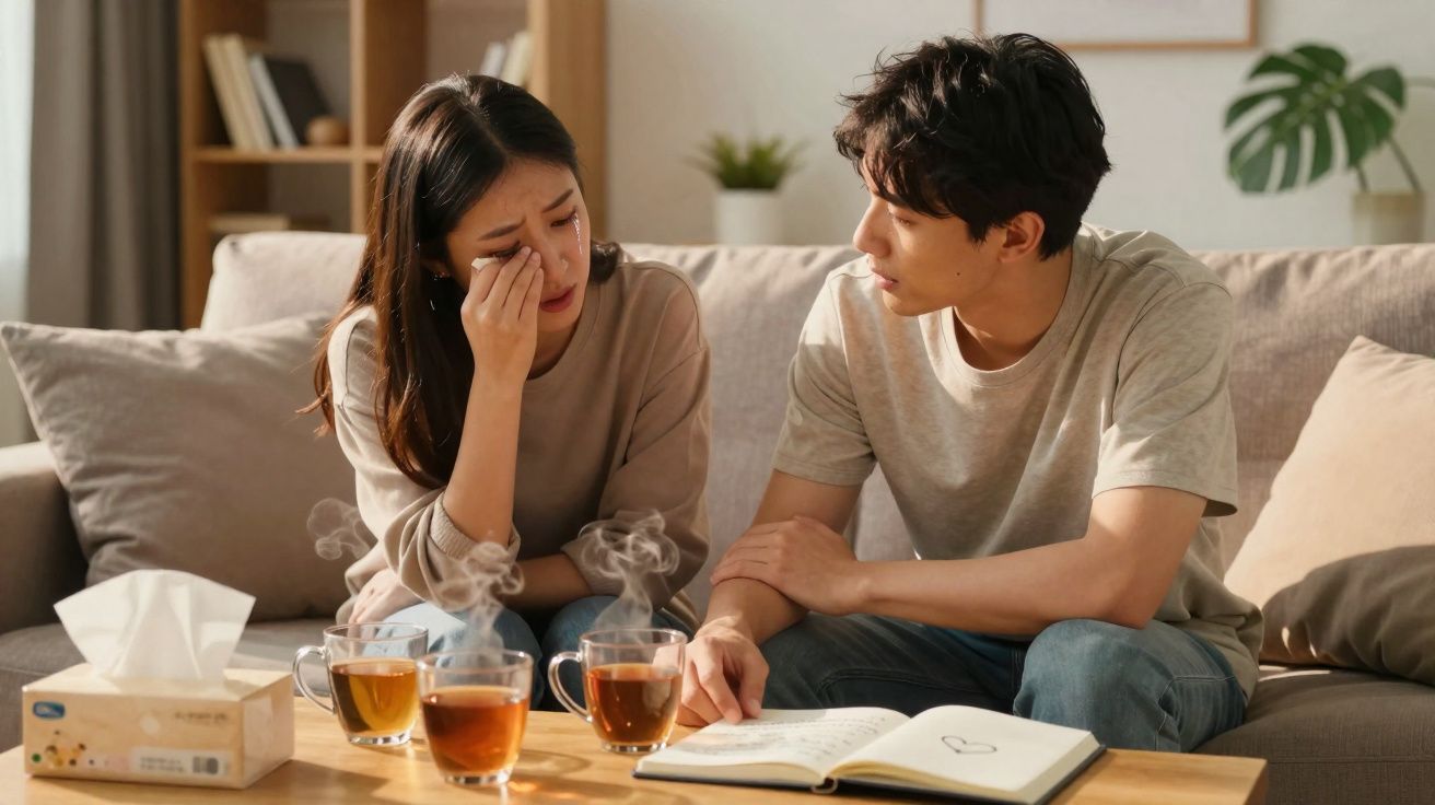 Casal sentado no sofá, mulher chorando e homem tentando consolá-la com chá na mesa à frente.