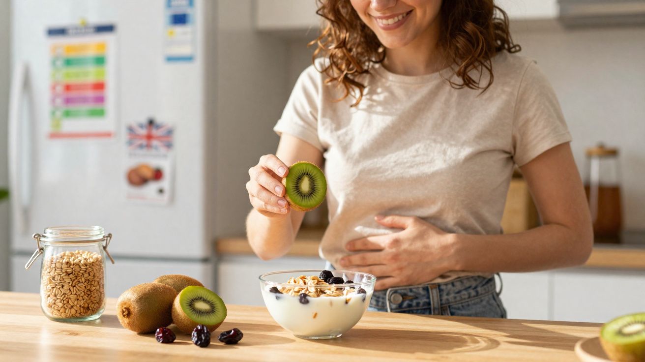 Mulher sorridente segurando kiwi cortado em cozinha com tigela de iogurte e frutas sobre mesa.