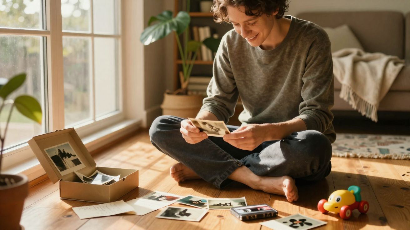 Jovem sentado no chão iluminado, sorrindo e olhando fotos antigas espalhadas ao seu redor.
