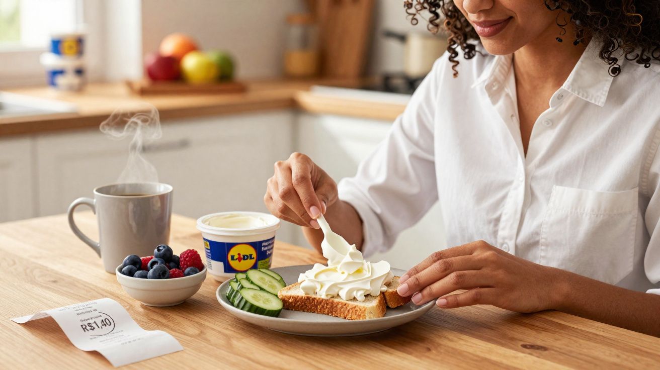 Mulher servindo creme em fatia de pão com pepino, frutas e café em cozinha clara.