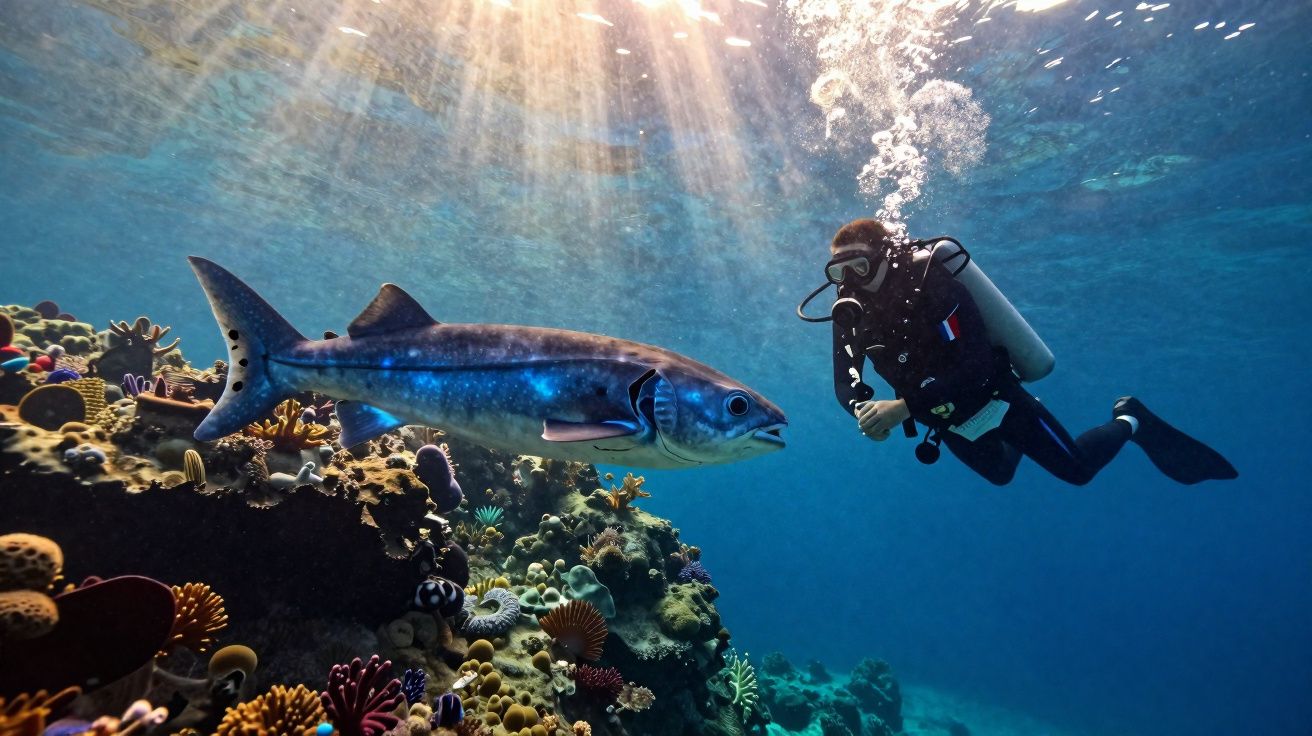 Mergulhador interage com peixe grande próximo a recife de corais coloridos sob luz solar na água.