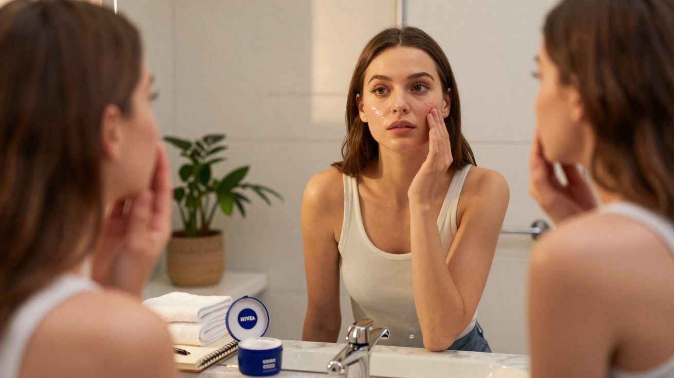 Mulher aplica creme no rosto em frente ao espelho do banheiro com pote de Nivea sobre a pia.