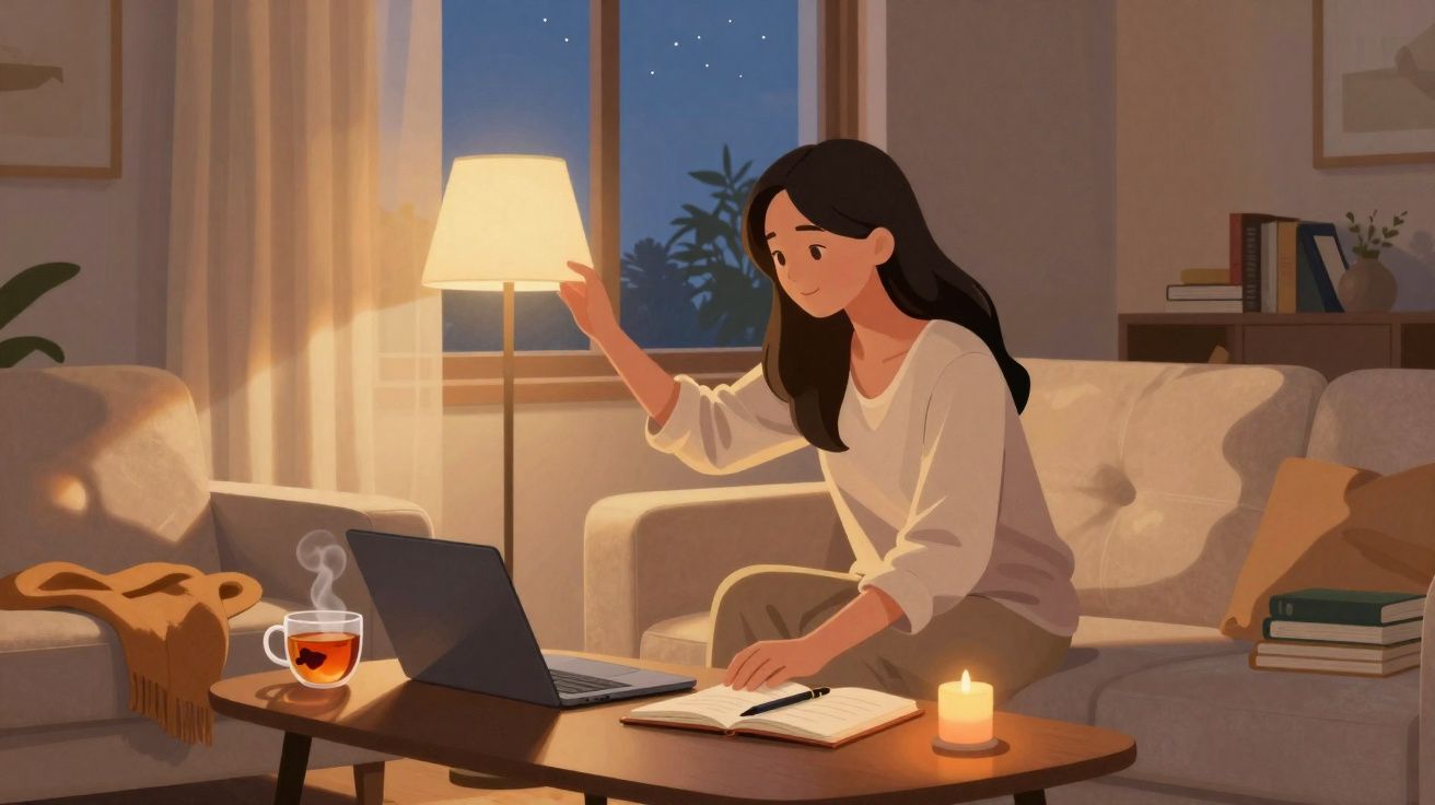 Mulher sentada no sofá, ligando abajur, com notebook, livro, vela e chá em mesa de centro à noite.
