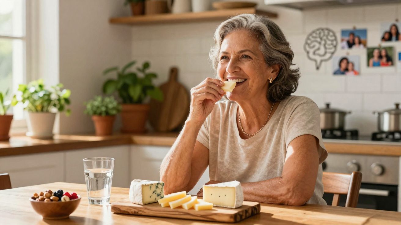 Mulher idosa sorridente comendo queijo em uma cozinha iluminada, com tábuas e frutas na mesa.