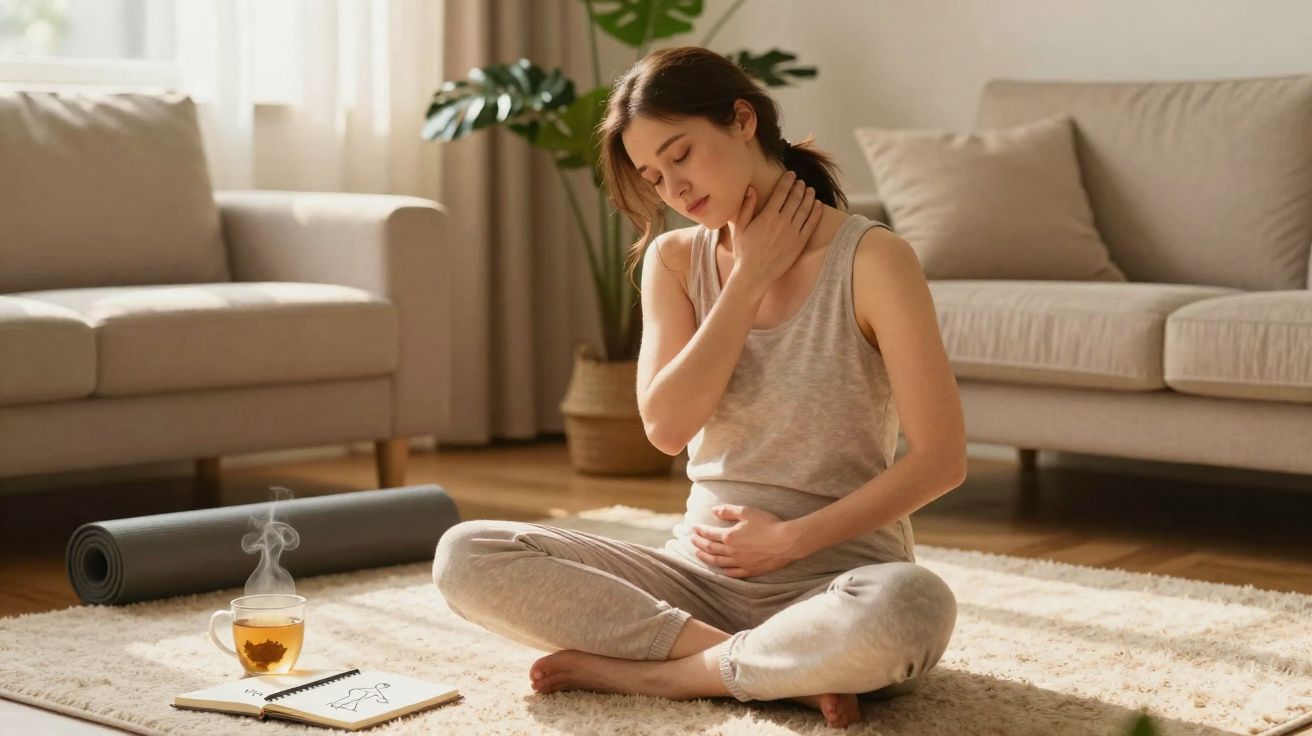 Mulher grávida sentada no tapete, segurando a barriga e o pescoço, com chá e diário ao lado.