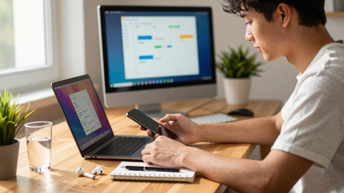 Homem usando smartphone em mesa com notebook, computador, caderno, fones e copo de água.