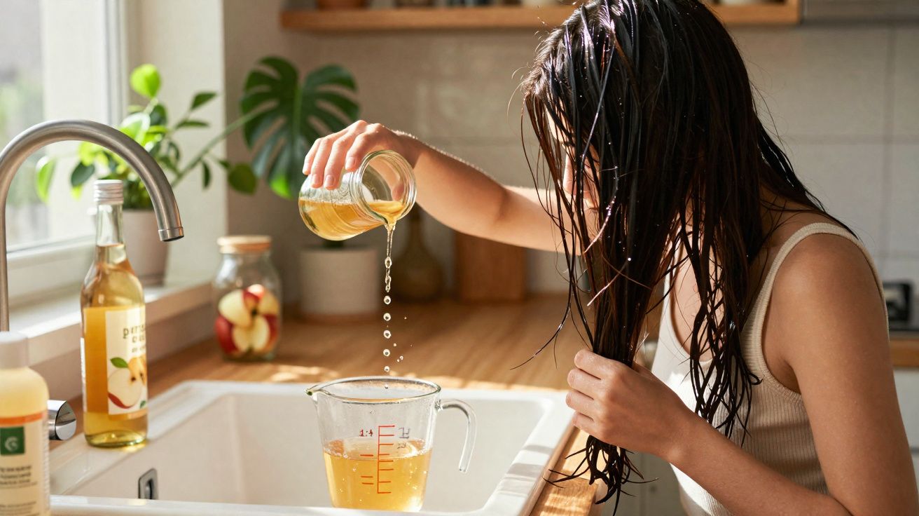 Pessoa aplicando óleo no cabelo molhado em cozinha iluminada, com jarra medidora e garrafas ao redor.