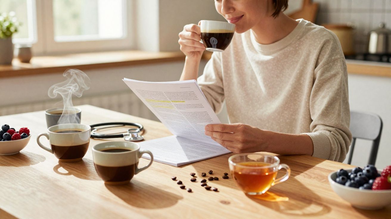 Mulher tomando café e lendo documento em cozinha com mesa com chá, frutas e estetoscópio.