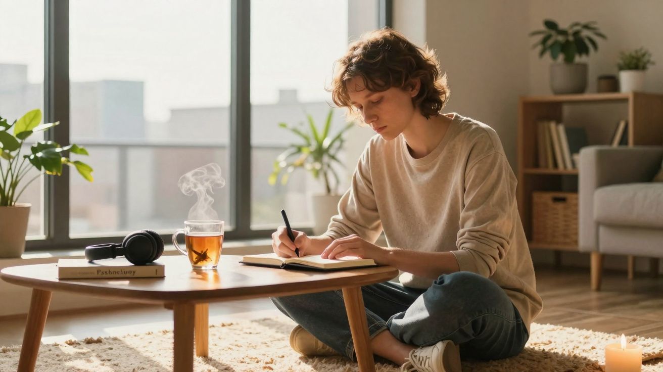 Pessoa jovem sentada no chão, escrevendo em caderno próximo a uma mesa baixa com chá e fones de ouvido.