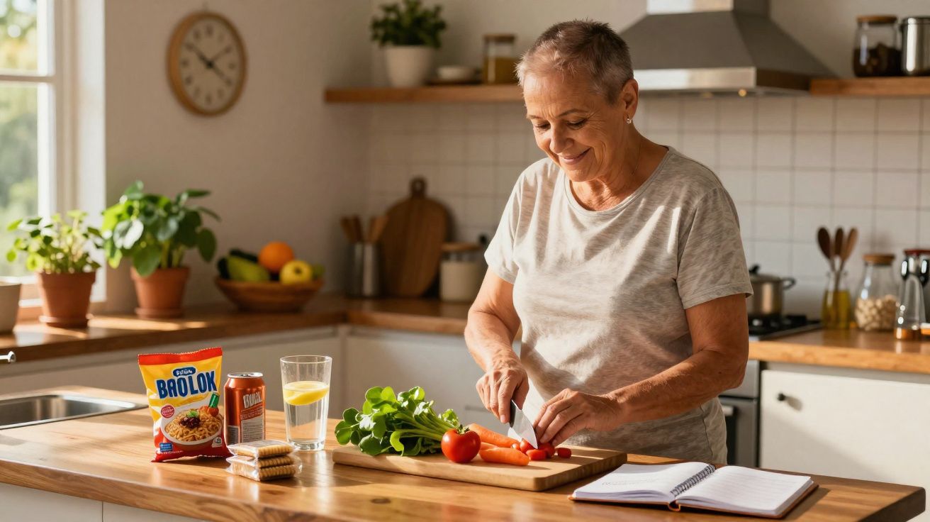 Mulher sorrindo corta legumes em cozinha iluminada com plantas e utensílios ao fundo.