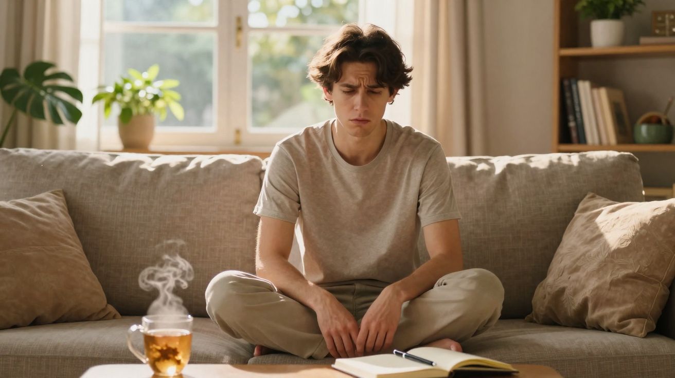 Jovem sentado no sofá com expressão preocupada, com chá quente e livro aberto na mesa à frente.