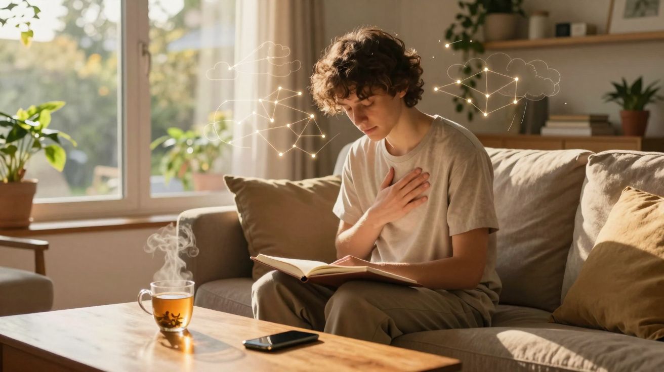 Jovem sentado no sofá lendo livro com expressão pensativa, xícara de chá e celular na mesa à frente.
