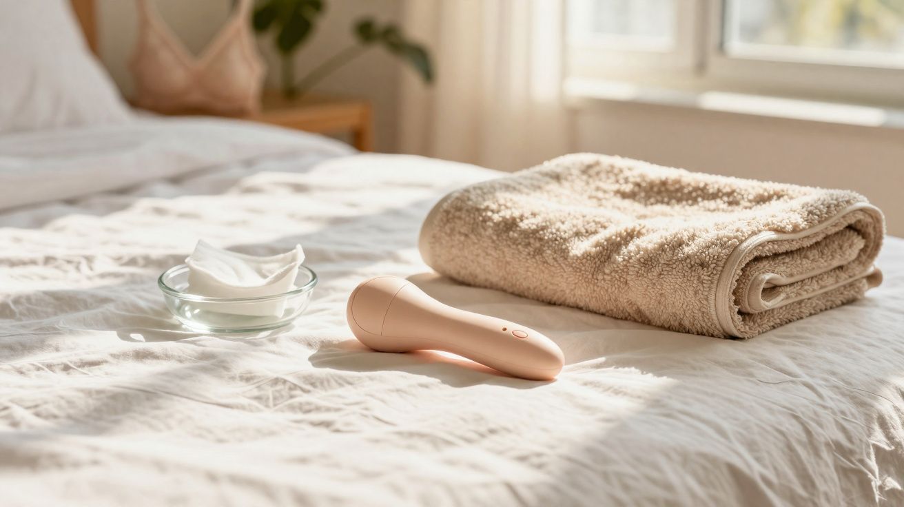 Toalha bege dobrada, aparelho bege e potinho de madeira sobre cama branca iluminada pelo sol.