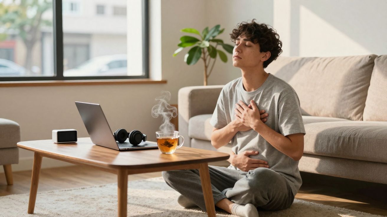 Jovem sentado no chão da sala com mãos no peito e no estômago, aparentando dor, ao lado de mesa com laptop e chá quente.
