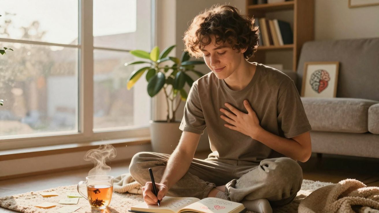 Jovem sentado no chão escrevendo em caderno ao lado de xícara de chá fumegante em sala iluminada.