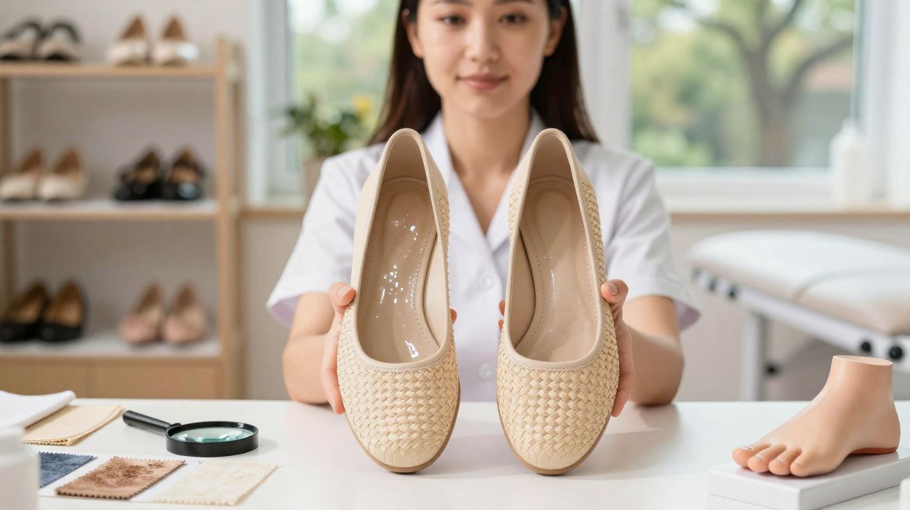 Mulher segurando par de sapatos bege com textura trançada, com amostras de tecidos e pé protético ao lado.