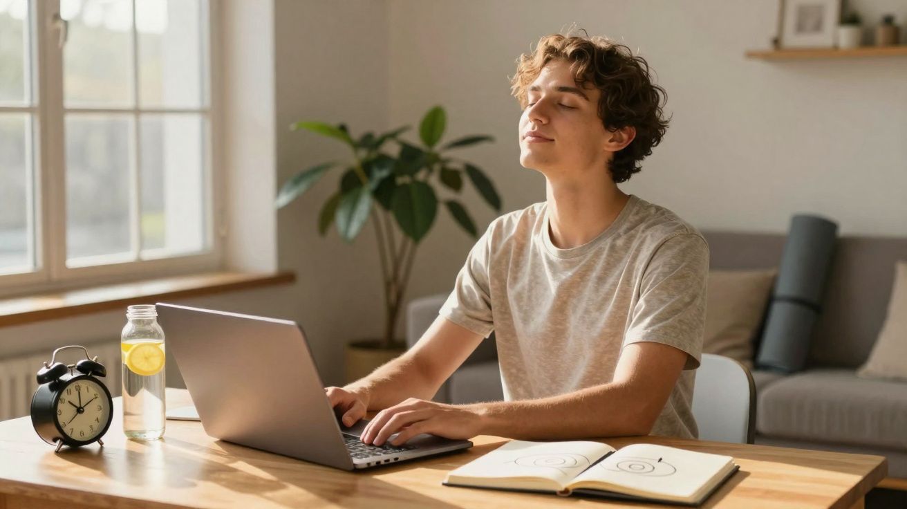 Jovem sentado à mesa com laptop, relaxando e respirando fundo em ambiente iluminado e aconchegante.