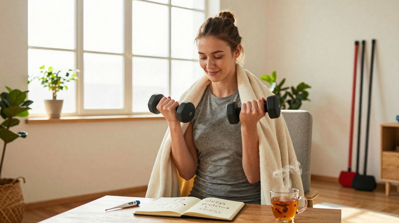 Mulher fazendo exercícios com halteres sentada, com toalha no ombro, em ambiente iluminado e plantas ao fundo.