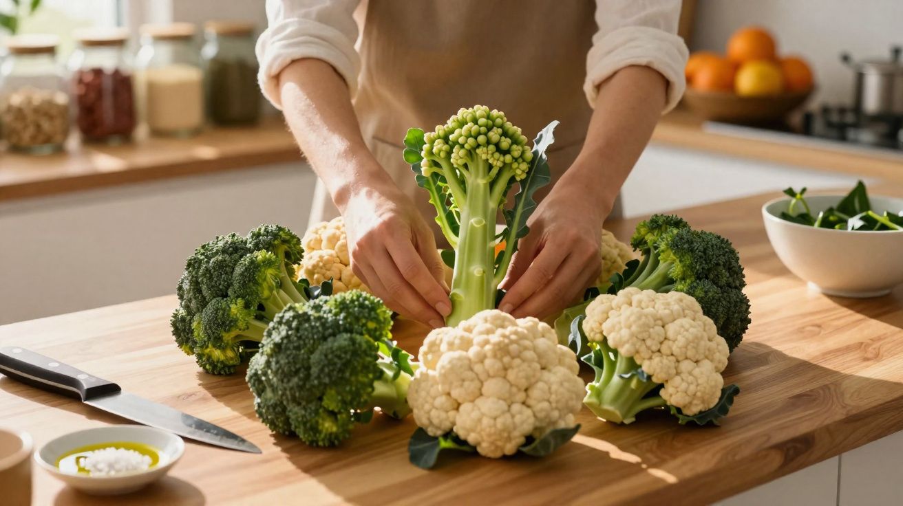 Pessoa organizando brócolis e couve-flor em bancada de madeira em cozinha clara e iluminada.