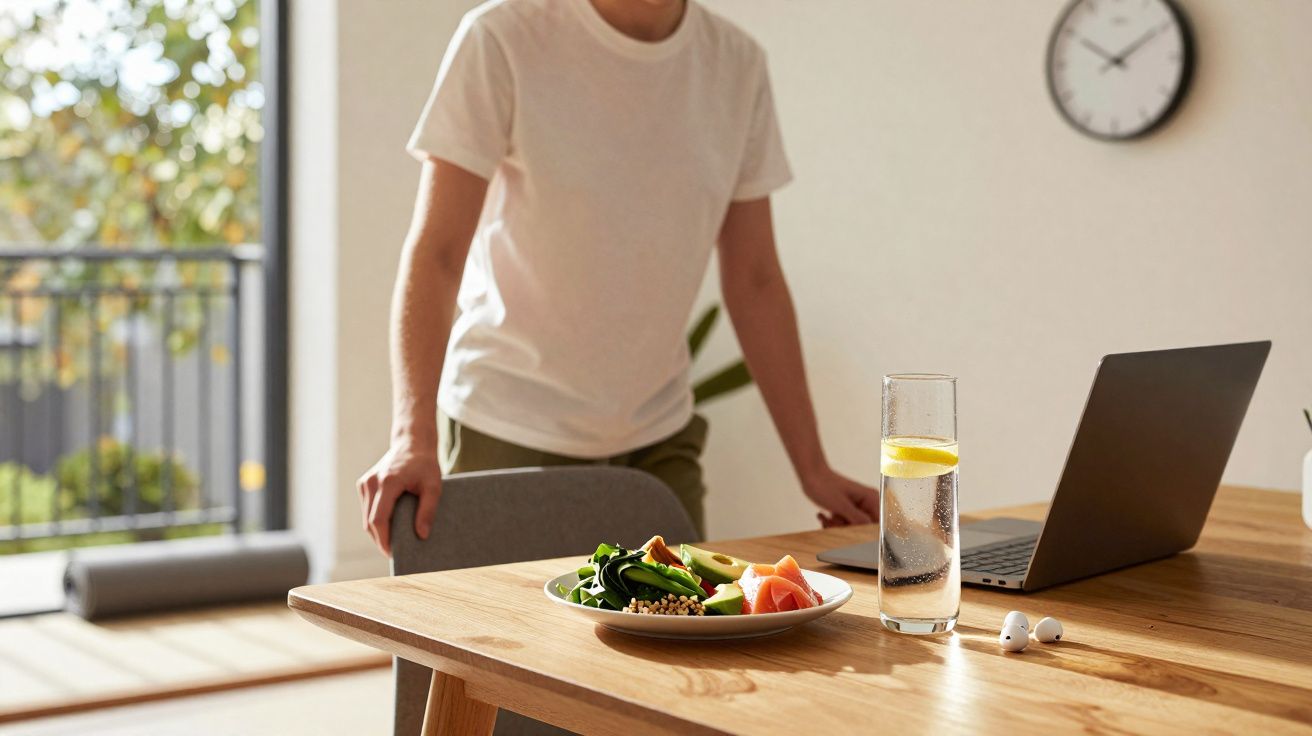 Pessoa em pé ao lado de mesa com prato de salada, copo de água com limão e notebook em ambiente iluminado.