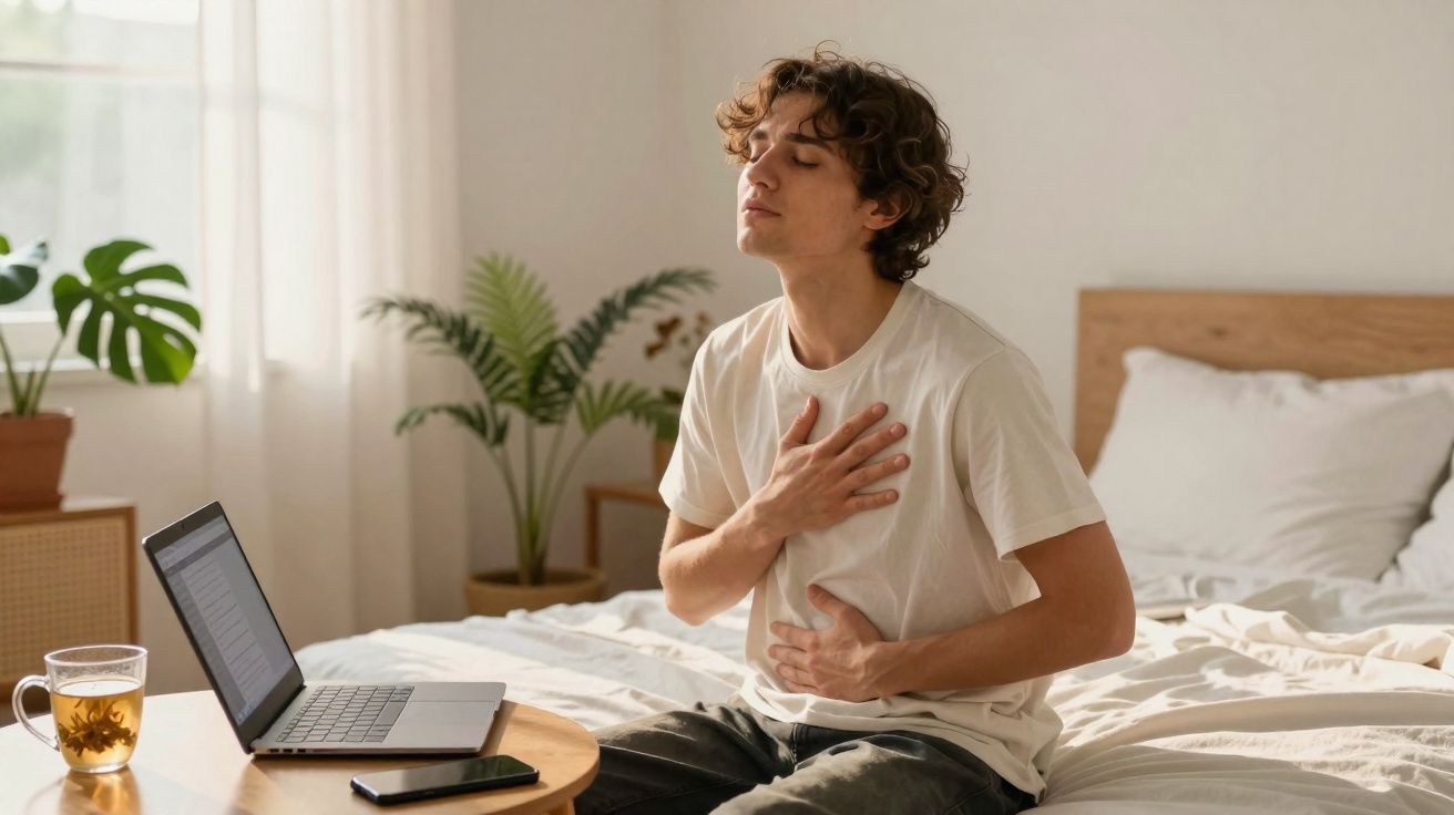 Jovem sentado na cama com expressão de desconforto, segurando o peito e o estômago.