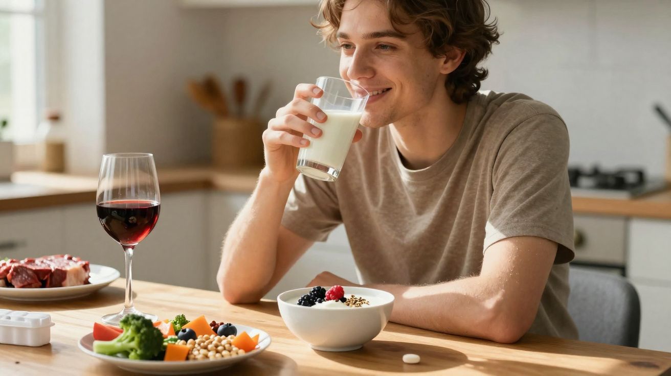 Jovem sorri enquanto bebe copo de leite sentado à mesa com frutas, vegetais e vinho na cozinha.