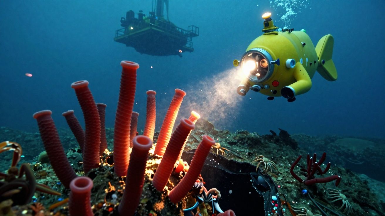 Submarino amarelo explorando recife de coral iluminado no fundo do mar.