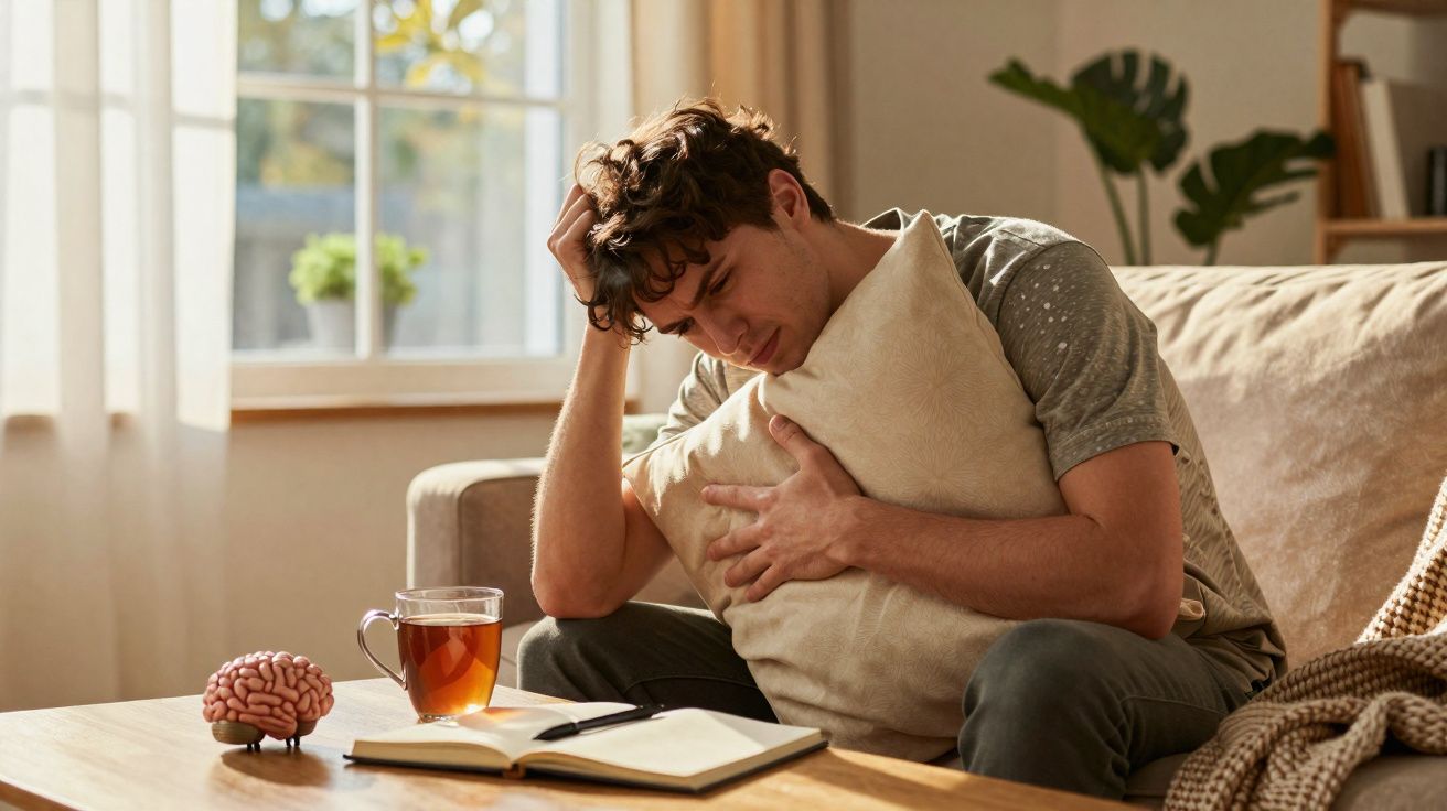 Jovem sentado no sofá abraçando almofada, aparentando estar triste ou pensativo, com livro e xícara na mesa.