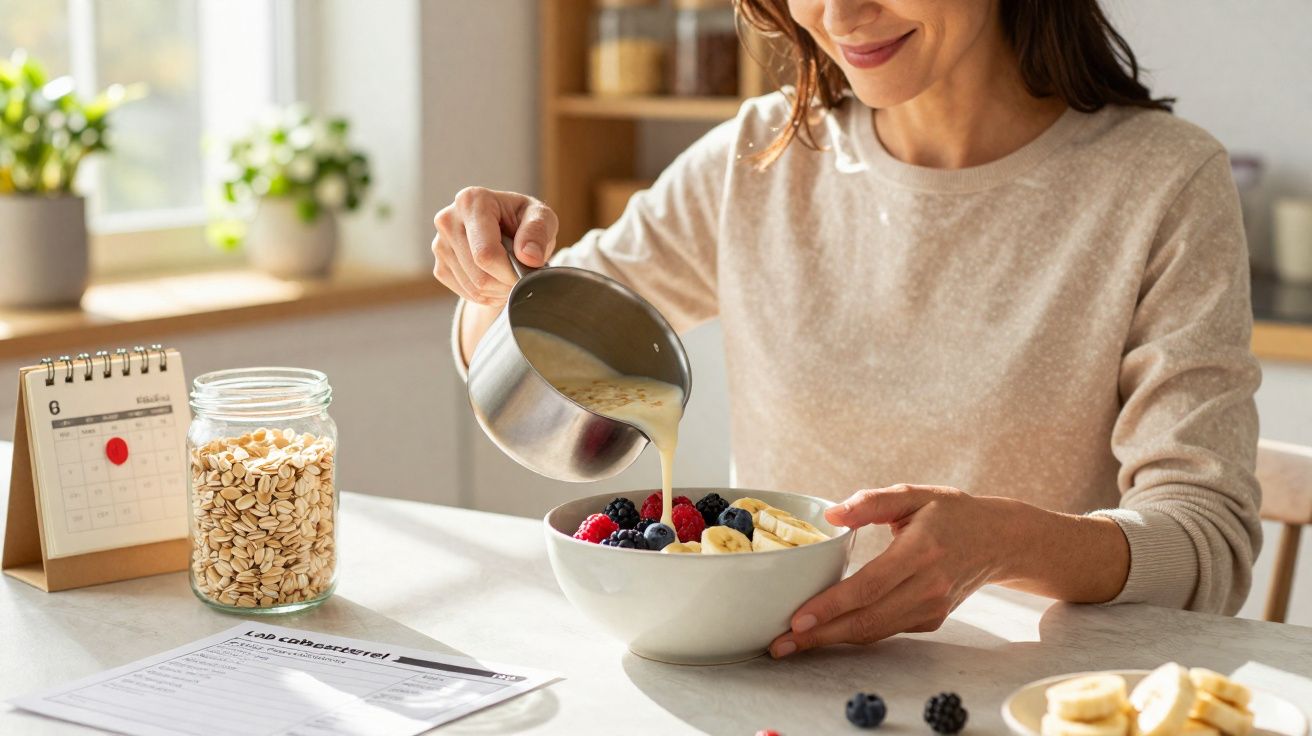 Mulher derramando leite em tigela com frutas e aveia na mesa de café da manhã iluminada.